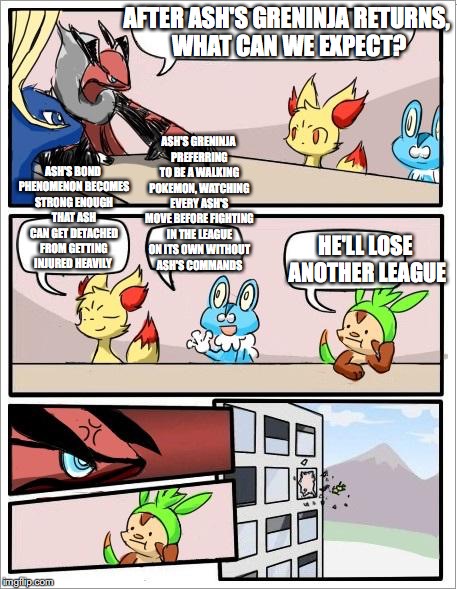 Greninja's Return | AFTER ASH'S GRENINJA RETURNS, WHAT CAN WE EXPECT? ASH'S GRENINJA PREFERRING TO BE A WALKING POKEMON, WATCHING EVERY ASH'S MOVE BEFORE FIGHTING IN THE LEAGUE ON ITS OWN WITHOUT ASH'S COMMANDS; ASH'S BOND PHENOMENON BECOMES STRONG ENOUGH THAT ASH CAN GET DETACHED FROM GETTING INJURED HEAVILY; HE'LL LOSE ANOTHER LEAGUE | image tagged in pokemon board meeting,greninja,ash ketchum,memes | made w/ Imgflip meme maker