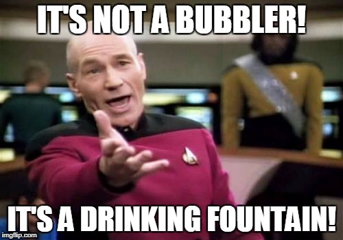 Picard Wtf Meme | IT'S NOT A BUBBLER! IT'S A DRINKING FOUNTAIN! | image tagged in memes,picard wtf | made w/ Imgflip meme maker