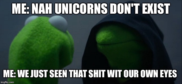Evil Kermit | ME: NAH UNICORNS DON'T EXIST; ME: WE JUST SEEN THAT SHIT WIT OUR OWN EYES | image tagged in evil kermit | made w/ Imgflip meme maker
