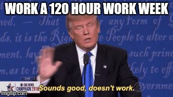 trump sounds good doesnt work | WORK A 120 HOUR WORK WEEK | image tagged in trump sounds good doesnt work | made w/ Imgflip meme maker