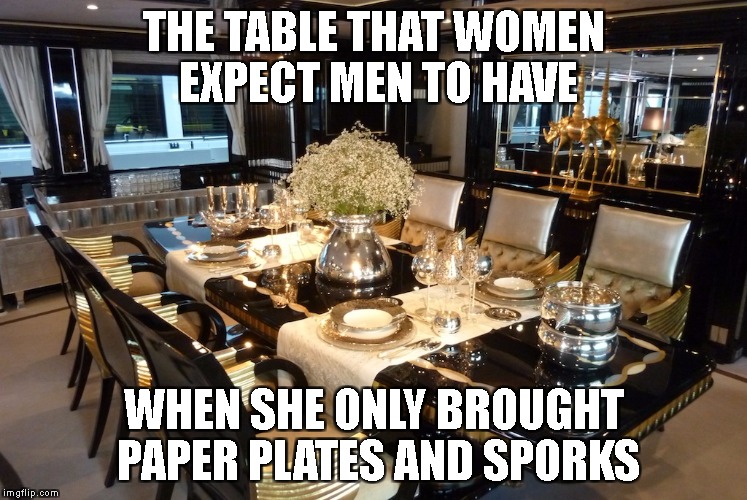 Where's the equality among the sexes when it comes to certain social expectations? | THE TABLE THAT WOMEN EXPECT MEN TO HAVE; WHEN SHE ONLY BROUGHT PAPER PLATES AND SPORKS | image tagged in gender norms,gender expectation,equality,double-standard | made w/ Imgflip meme maker