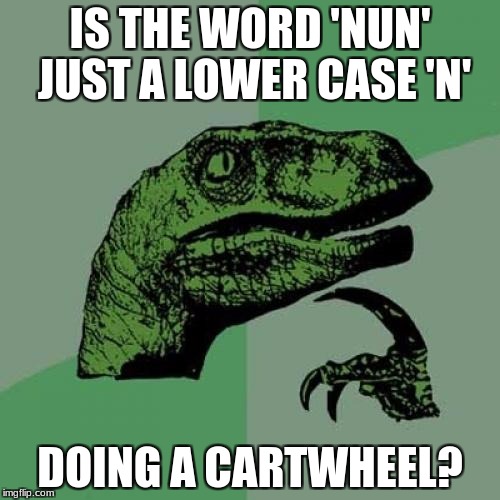 Philosoraptor | IS THE WORD 'NUN' JUST A LOWER CASE 'N'; DOING A CARTWHEEL? | image tagged in memes,philosoraptor | made w/ Imgflip meme maker