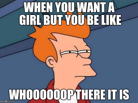 Futurama Fry Meme | WHEN YOU WANT A GIRL BUT YOU BE LIKE; WHOOOOOOP THERE IT IS | image tagged in memes,futurama fry | made w/ Imgflip meme maker