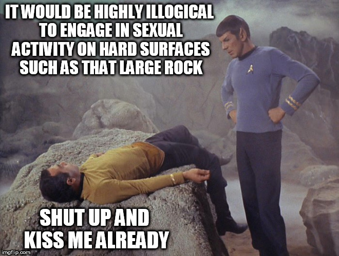 star trek week | IT WOULD BE HIGHLY ILLOGICAL TO ENGAGE IN SEXUAL ACTIVITY ON HARD SURFACES SUCH AS THAT LARGE ROCK; SHUT UP AND KISS ME ALREADY | image tagged in star trek,star trek week,spock,funny,gay,sex | made w/ Imgflip meme maker