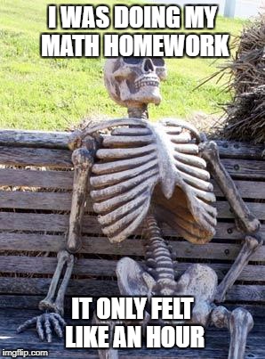 My Homework Took This Long!!! | I WAS DOING MY MATH HOMEWORK; IT ONLY FELT LIKE AN HOUR | image tagged in memes,waiting skeleton,homework,school,funny | made w/ Imgflip meme maker