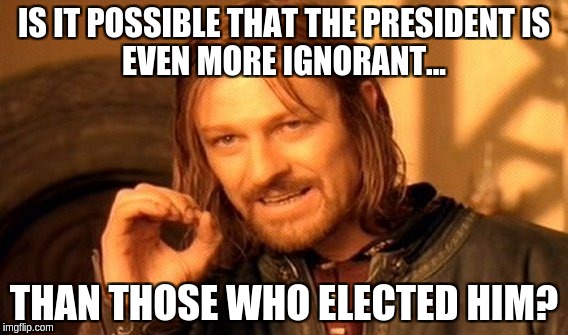 One Does Not Simply Meme | IS IT POSSIBLE THAT THE PRESIDENT
IS EVEN MORE IGNORANT... THAN THOSE WHO ELECTED HIM? | image tagged in memes,one does not simply | made w/ Imgflip meme maker