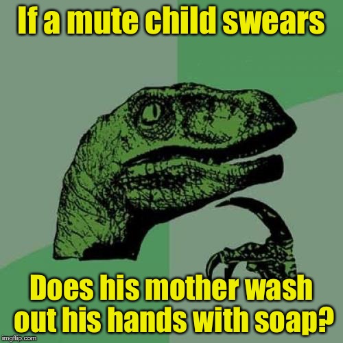 Philosoraptor | If a mute child swears; Does his mother wash out his hands with soap? | image tagged in memes,philosoraptor | made w/ Imgflip meme maker
