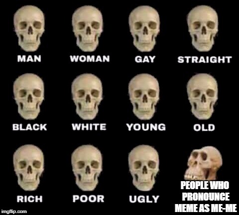 its pronounce meem | PEOPLE WHO PRONOUNCE MEME AS ME-ME | image tagged in man woman gay straight skull,memes,funny,ssby,meme | made w/ Imgflip meme maker
