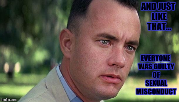 Forest Gump | AND JUST LIKE THAT... EVERYONE WAS GUILTY OF SEXUAL MISCONDUCT | image tagged in forest gump | made w/ Imgflip meme maker