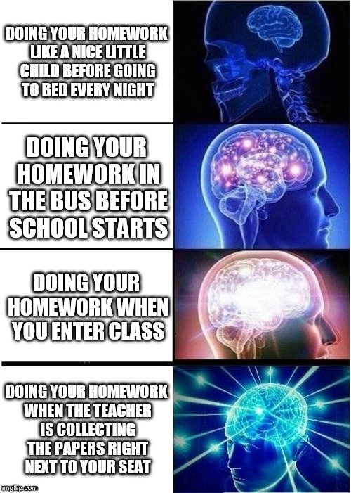 Expanding Brain | DOING YOUR HOMEWORK LIKE A NICE LITTLE CHILD BEFORE GOING TO BED EVERY NIGHT; DOING YOUR HOMEWORK IN THE BUS BEFORE SCHOOL STARTS; DOING YOUR HOMEWORK WHEN YOU ENTER CLASS; DOING YOUR HOMEWORK WHEN THE TEACHER IS COLLECTING THE PAPERS RIGHT NEXT TO YOUR SEAT | image tagged in memes,expanding brain | made w/ Imgflip meme maker