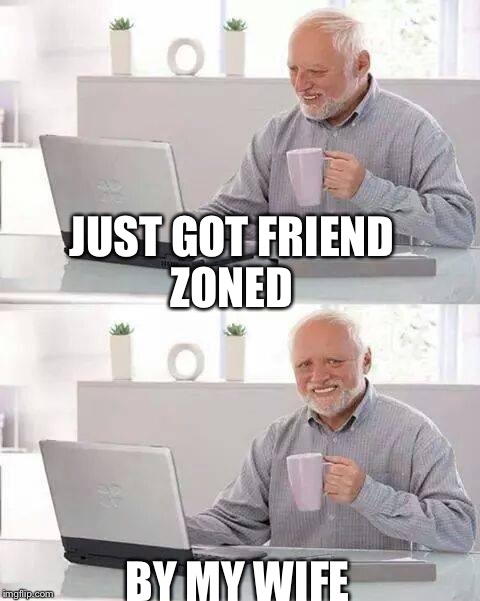 Hide the Pain Harold Meme | JUST GOT FRIEND ZONED; BY MY WIFE | image tagged in memes,hide the pain harold | made w/ Imgflip meme maker