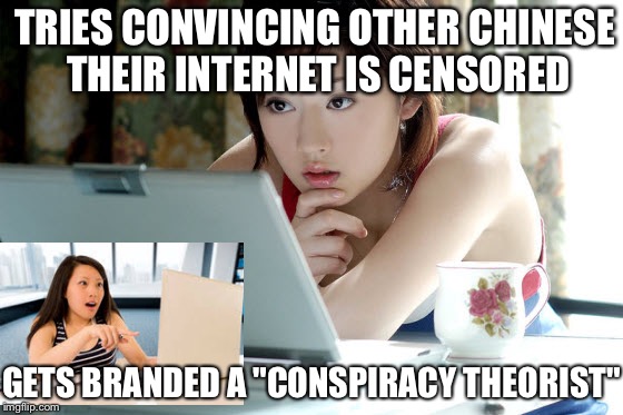 If you want to know what the water is like, don't ask the fish | TRIES CONVINCING OTHER CHINESE THEIR INTERNET IS CENSORED; GETS BRANDED A "CONSPIRACY THEORIST" | image tagged in conspiracy theorist,internet,censorship,chinese | made w/ Imgflip meme maker