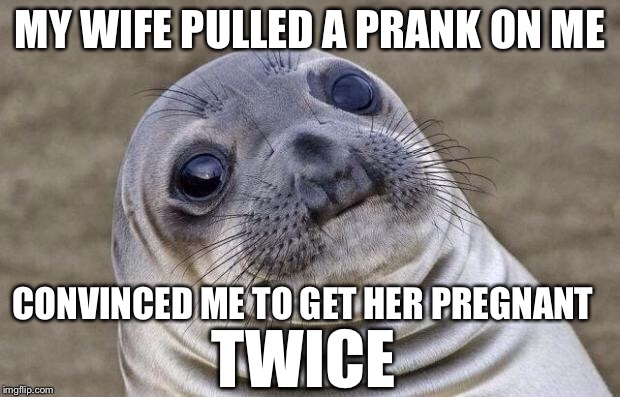 Awkward Moment Sealion Meme | MY WIFE PULLED A PRANK ON ME CONVINCED ME TO GET HER PREGNANT TWICE | image tagged in memes,awkward moment sealion | made w/ Imgflip meme maker