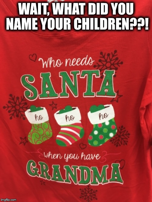 WAIT, WHAT DID YOU NAME YOUR CHILDREN??! | image tagged in christmas memes,stockings,ho ho ho,grandchildren | made w/ Imgflip meme maker