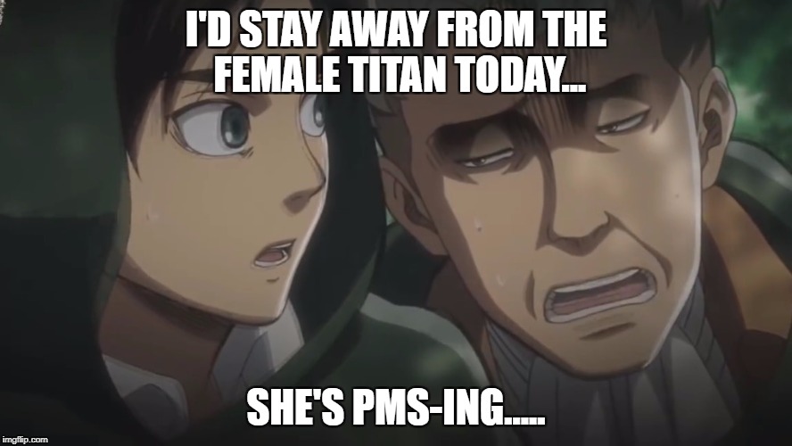 Attack on Titan memes | I'D STAY AWAY FROM THE FEMALE TITAN TODAY... SHE'S PMS-ING..... | image tagged in attack on titan memes | made w/ Imgflip meme maker