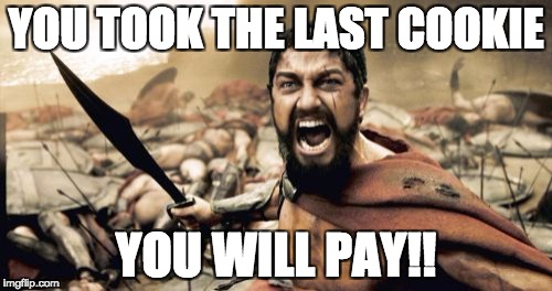 you took the last cookie | YOU TOOK THE LAST COOKIE; YOU WILL PAY!! | image tagged in memes,sparta leonidas,you took the last cookie,funny,cookies | made w/ Imgflip meme maker