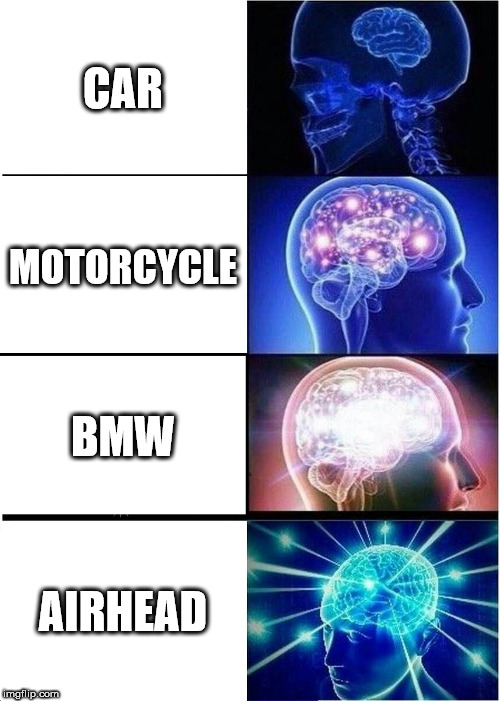 Expanding Brain Meme | CAR; MOTORCYCLE; BMW; AIRHEAD | image tagged in memes,expanding brain | made w/ Imgflip meme maker