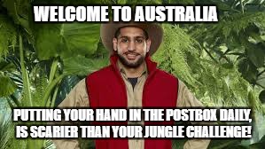 Amir Khan I'm a Celebrity Jungle | WELCOME TO AUSTRALIA; PUTTING YOUR HAND IN THE POSTBOX DAILY, IS SCARIER THAN YOUR JUNGLE CHALLENGE! | image tagged in celebrity,jungle | made w/ Imgflip meme maker