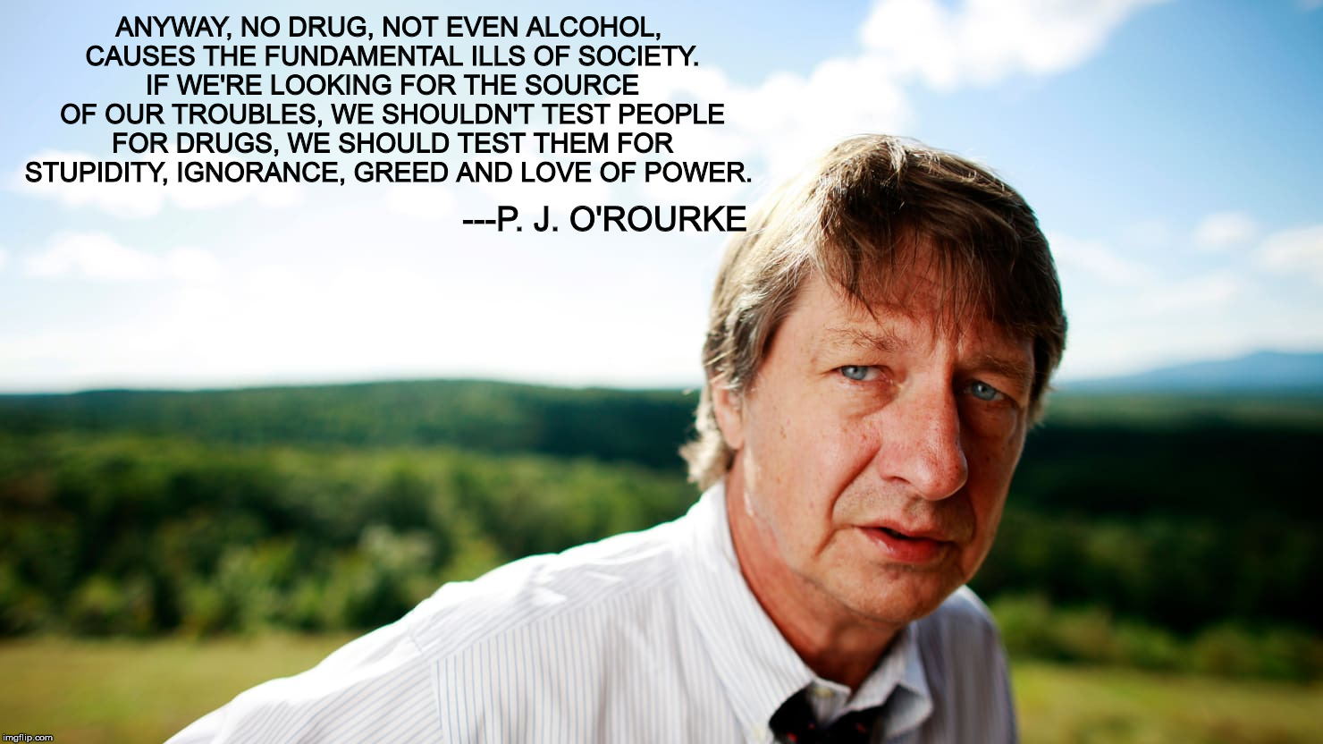 We need only look at our nation's capitol to see this in action | ANYWAY, NO DRUG, NOT EVEN ALCOHOL, CAUSES THE FUNDAMENTAL ILLS OF SOCIETY. IF WE'RE LOOKING FOR THE SOURCE OF OUR TROUBLES, WE SHOULDN'T TEST PEOPLE FOR DRUGS, WE SHOULD TEST THEM FOR STUPIDITY, IGNORANCE, GREED AND LOVE OF POWER. ---P. J. O'ROURKE | image tagged in pj o'rourke,societal problems,politicians | made w/ Imgflip meme maker