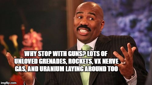 Steve Harvey Meme | WHY STOP WITH GUNS? LOTS OF UNLOVED GRENADES, ROCKETS, VX NERVE GAS, AND URANIUM LAYING AROUND TOO | image tagged in memes,steve harvey | made w/ Imgflip meme maker
