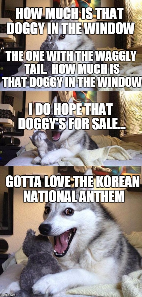 DOGGY WHAT NOW? | HOW MUCH IS THAT DOGGY IN THE WINDOW; THE ONE WITH THE WAGGLY TAIL. 
HOW MUCH IS THAT DOGGY IN THE WINDOW; I DO HOPE THAT DOGGY'S FOR SALE... GOTTA LOVE THE KOREAN NATIONAL ANTHEM | image tagged in memes,bad pun dog,funny,jokes,korea,joke | made w/ Imgflip meme maker