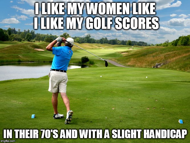 Golf and women | I LIKE MY WOMEN LIKE I LIKE MY GOLF SCORES; IN THEIR 70'S AND WITH A SLIGHT HANDICAP | image tagged in golf,women,funny,rude,joke,jokes | made w/ Imgflip meme maker