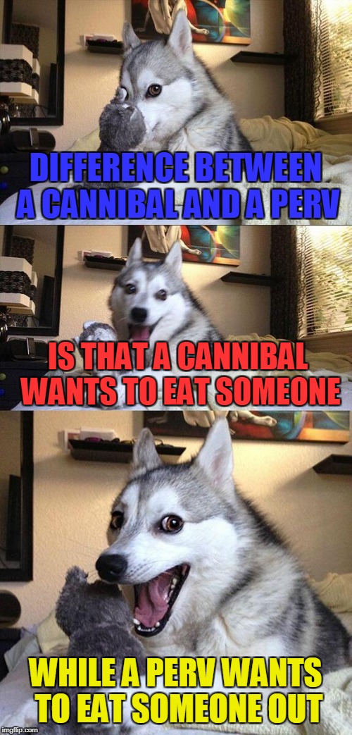 "Eat or be eaten" now has a completely new meaning | DIFFERENCE BETWEEN A CANNIBAL AND A PERV; IS THAT A CANNIBAL WANTS TO EAT SOMEONE; WHILE A PERV WANTS TO EAT SOMEONE OUT | image tagged in memes,bad pun dog,cannibal,perv,powermetalhead,funny | made w/ Imgflip meme maker
