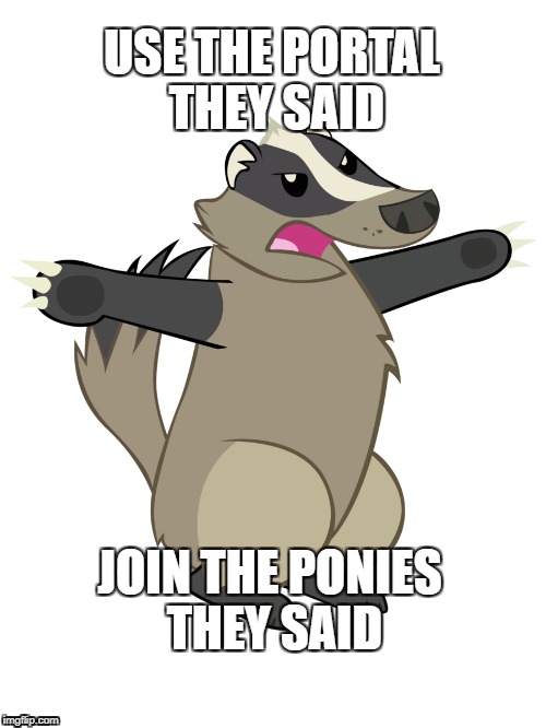 Dang Portal  | USE THE PORTAL THEY SAID; JOIN THE PONIES THEY SAID | image tagged in mlp,badger,eqg,portal,transform,lol | made w/ Imgflip meme maker