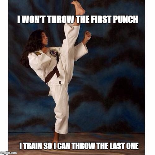 karate or whatever | I WON'T THROW THE FIRST PUNCH; I TRAIN SO I CAN THROW THE LAST ONE | image tagged in karate or whatever | made w/ Imgflip meme maker