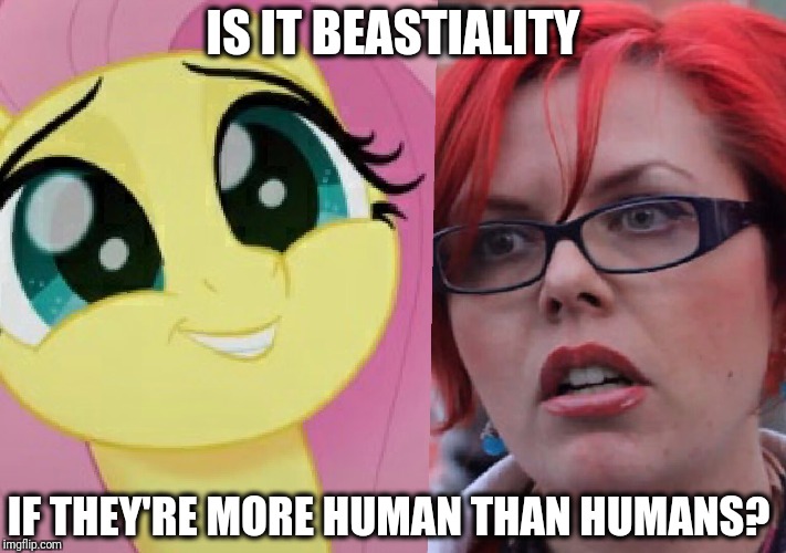 IS IT BEASTIALITY; IF THEY'RE MORE HUMAN THAN HUMANS? | image tagged in my little pony,fluttershy,feminism,beastiality | made w/ Imgflip meme maker