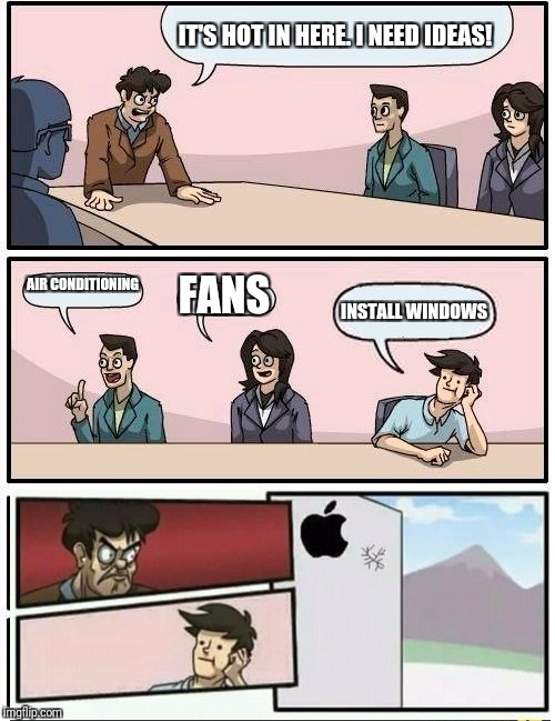 I know. It's the wrong time of year but wateva I do what I want. | IT'S HOT IN HERE. I NEED IDEAS! AIR CONDITIONING; FANS; INSTALL WINDOWS | image tagged in memes,boardroom meeting suggestion | made w/ Imgflip meme maker