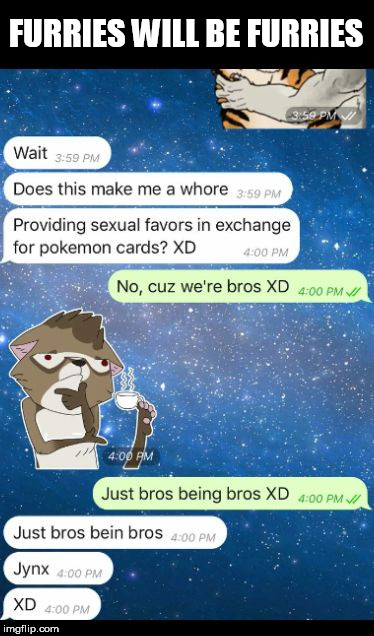 bros. Don't know who did this, but it seems to be common | FURRIES WILL BE FURRIES | image tagged in furries,furry,fursuit,yiff,bros,pokemon | made w/ Imgflip meme maker