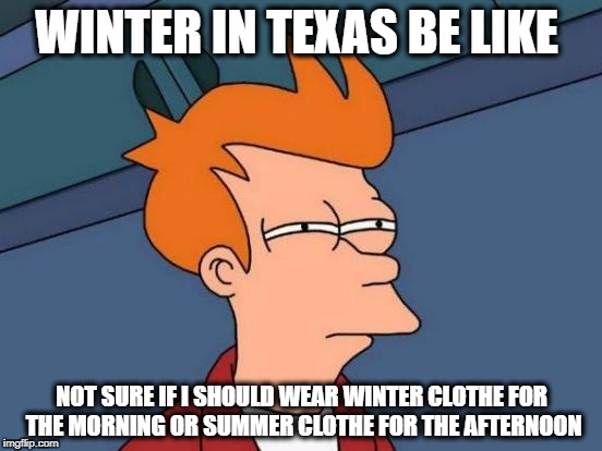 Futurama Fry Meme | WINTER IN TEXAS BE LIKE; NOT SURE IF I SHOULD WEAR WINTER CLOTHE FOR THE MORNING OR SUMMER CLOTHE FOR THE AFTERNOON | image tagged in memes,futurama fry,winter in texas | made w/ Imgflip meme maker
