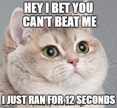 Heavy Breathing Cat Meme | HEY I BET YOU CAN'T BEAT ME; I JUST RAN FOR 12 SECONDS | image tagged in memes,heavy breathing cat | made w/ Imgflip meme maker