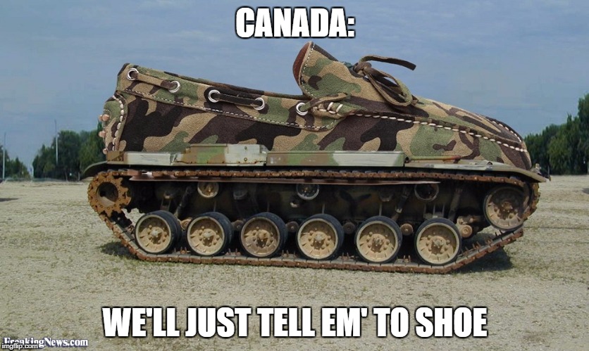 CANADA:; WE'LL JUST TELL EM' TO SHOE | image tagged in shoe tank | made w/ Imgflip meme maker