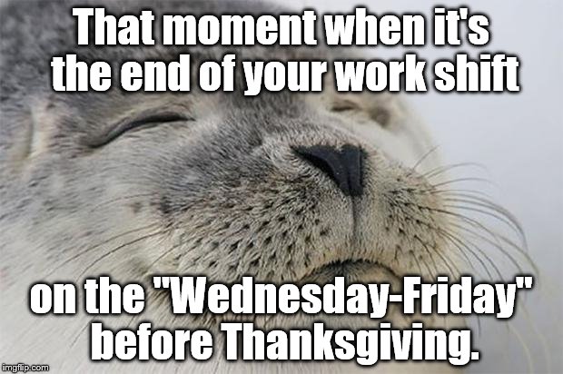 T day eve | That moment when it's the end of your work shift; on the "Wednesday-Friday" before Thanksgiving. | image tagged in memes,satisfied seal | made w/ Imgflip meme maker