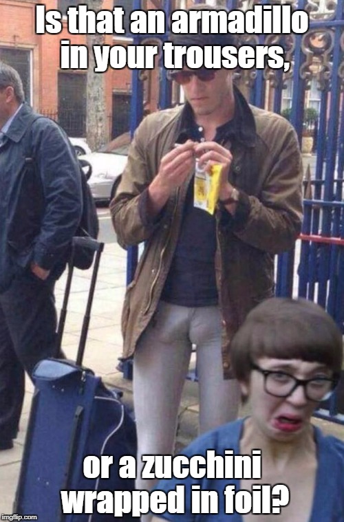 Skinny jeans...what more proof do you need that Satan exists? | Is that an armadillo in your trousers, or a zucchini wrapped in foil? | image tagged in skinny skinny jeans,shameless,nasty,junk | made w/ Imgflip meme maker