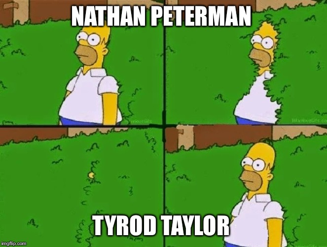 Homer Simpson Going In Coming out | NATHAN PETERMAN; TYROD TAYLOR | image tagged in homer simpson going in coming out | made w/ Imgflip meme maker