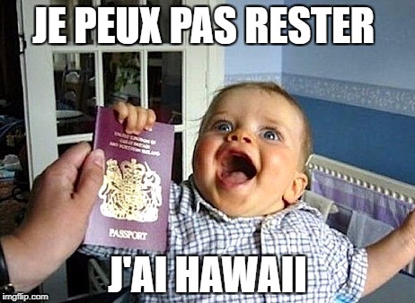 Excited baby travel | JE PEUX PAS RESTER; J'AI HAWAII | image tagged in excited baby travel | made w/ Imgflip meme maker
