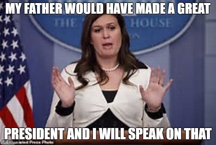 sarah huckabee sanders  | MY FATHER WOULD HAVE MADE A GREAT; PRESIDENT AND I WILL SPEAK ON THAT | image tagged in sarah huckabee sanders | made w/ Imgflip meme maker