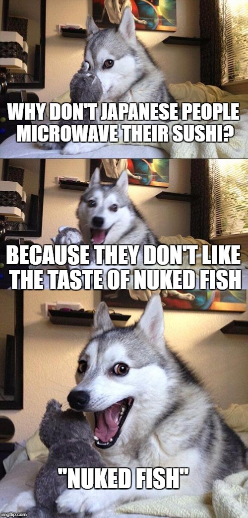 Nuked Fish | WHY DON'T JAPANESE PEOPLE MICROWAVE THEIR SUSHI? BECAUSE THEY DON'T LIKE THE TASTE OF NUKED FISH; "NUKED FISH" | image tagged in memes,bad pun dog,microwave,fish,sushi,nuclear explosion | made w/ Imgflip meme maker