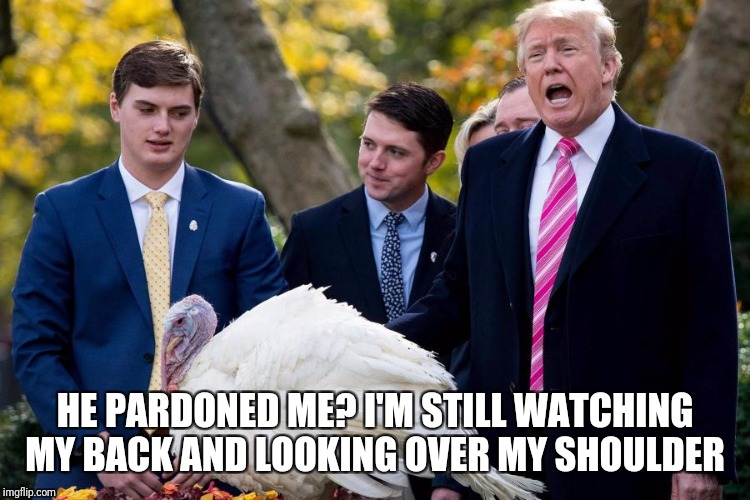 Turkey Turmoil  | HE PARDONED ME? I'M STILL WATCHING MY BACK AND LOOKING OVER MY SHOULDER | image tagged in trump,turkey,thanksgiving | made w/ Imgflip meme maker