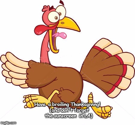 Turkey scared | Have  a broiling Thanksgiving!
  (and don't forget the sunscreen  in LA) | image tagged in turkey scared | made w/ Imgflip meme maker