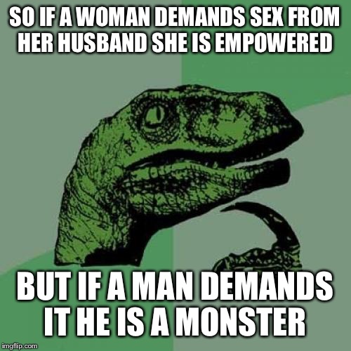 Philosoraptor Meme | SO IF A WOMAN DEMANDS SEX FROM HER HUSBAND SHE IS EMPOWERED; BUT IF A MAN DEMANDS IT HE IS A MONSTER | image tagged in memes,philosoraptor | made w/ Imgflip meme maker
