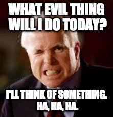 john mccain | WHAT EVIL THING WILL I DO TODAY? I'LL THINK OF SOMETHING. HA, HA, HA. | image tagged in john mccain | made w/ Imgflip meme maker