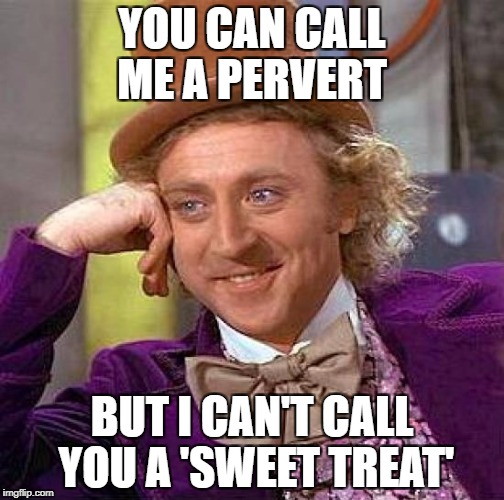 Creepy Condescending Wonka Meme | YOU CAN CALL ME A PERVERT; BUT I CAN'T CALL YOU A 'SWEET TREAT' | image tagged in memes,creepy condescending wonka | made w/ Imgflip meme maker