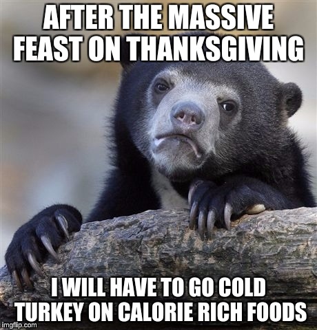 Confession Bear Meme | AFTER THE MASSIVE FEAST ON THANKSGIVING; I WILL HAVE TO GO COLD TURKEY ON CALORIE RICH FOODS | image tagged in memes,confession bear | made w/ Imgflip meme maker