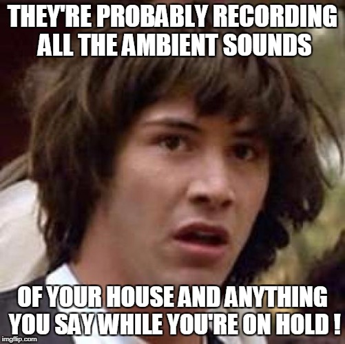 Conspiracy Keanu Meme | THEY'RE PROBABLY RECORDING ALL THE AMBIENT SOUNDS OF YOUR HOUSE AND ANYTHING YOU SAY WHILE YOU'RE ON HOLD ! | image tagged in memes,conspiracy keanu | made w/ Imgflip meme maker