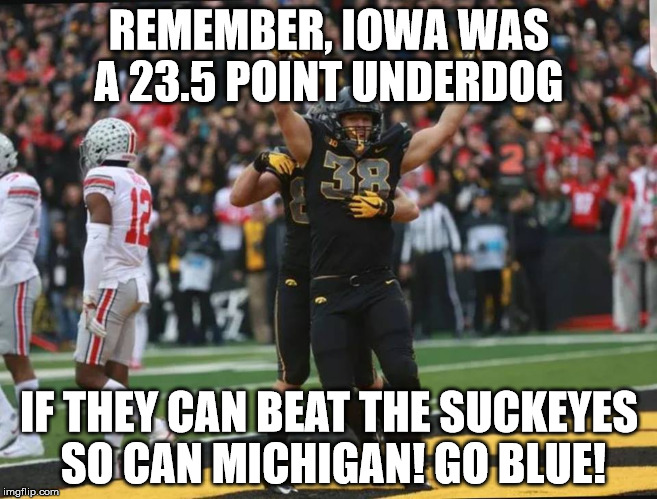 REMEMBER, IOWA WAS A 23.5 POINT UNDERDOG; IF THEY CAN BEAT THE SUCKEYES SO CAN MICHIGAN! GO BLUE! | image tagged in osu sucks | made w/ Imgflip meme maker