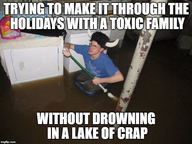 Laundry Viking Meme | TRYING TO MAKE IT THROUGH THE HOLIDAYS WITH A TOXIC FAMILY; WITHOUT DROWNING IN A LAKE OF CRAP | image tagged in memes,laundry viking | made w/ Imgflip meme maker